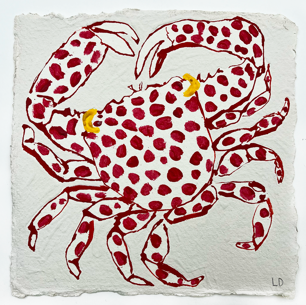 Presenting a captivating illustration that masterfully encapsulates the whimsical essence of marine life, featuring the enigmatic Red Spot Crab. This piece invites viewers into an imaginative seascape where artistry and nature converge. The crab, with its striking red spots and bewitching yellow eyes, commands attention as it rests against a textured white paper background. The artist's meticulous craftsmanship is evident in every detail, from the vivid coloration to the delicate strokes that highlight the creature's intricate form. This work not only celebrates the playful spirit of underwater life but also reflects an exquisite balance between boldness and subtlety—a testament to the artist’s unparalleled skill and creative vision.