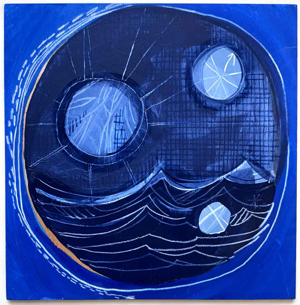 The circular abstract artwork titled "Across Stormy Seas I" captivates with its dynamic blue color palette. It presents two star-like forms amidst undulating wave patterns in a spectrum of blues against a deep, dark backdrop. The composition beautifully merges cosmic elements with oceanic vibes, creating a sense of infinite depth and movement.