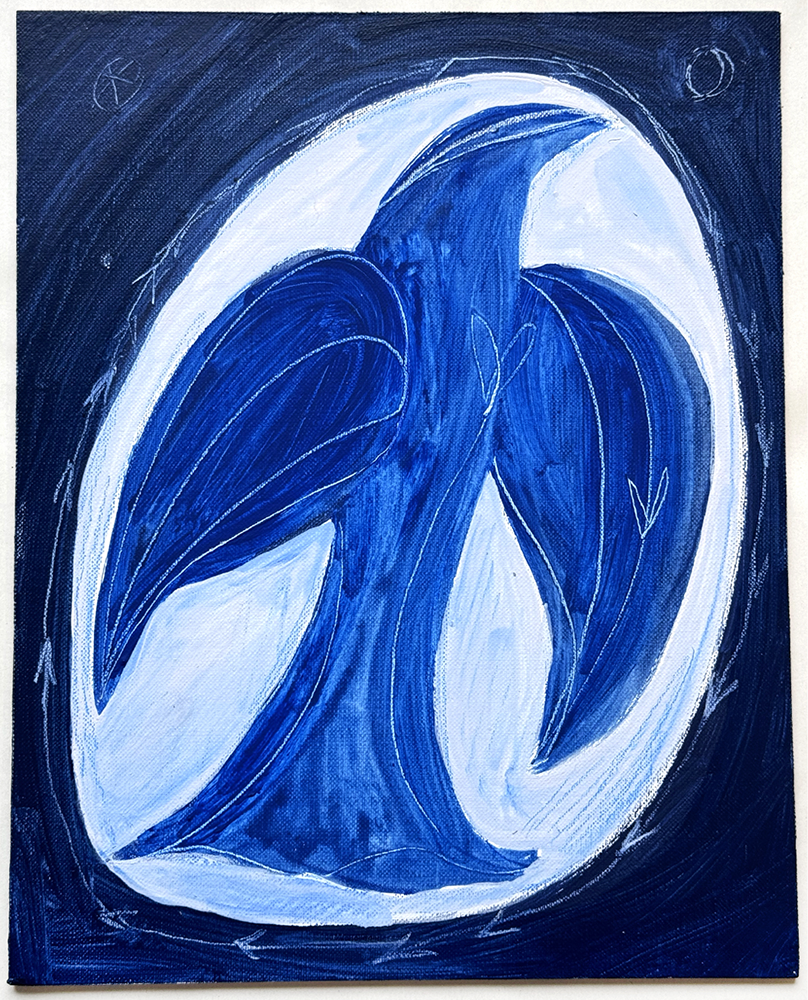 Against the Moon I" is an artistic masterpiece where abstract expression transforms into a mesmerizing depiction of a stylized bird, rendered in an elegant palette of blues and whites. This ethereal creature soars across a moonlit canvas, enveloped by a circular motif that contrasts against the deep indigo background. Delicate lines insinuate its graceful movement, emphasizing both its dynamism and form amidst the serene night sky.