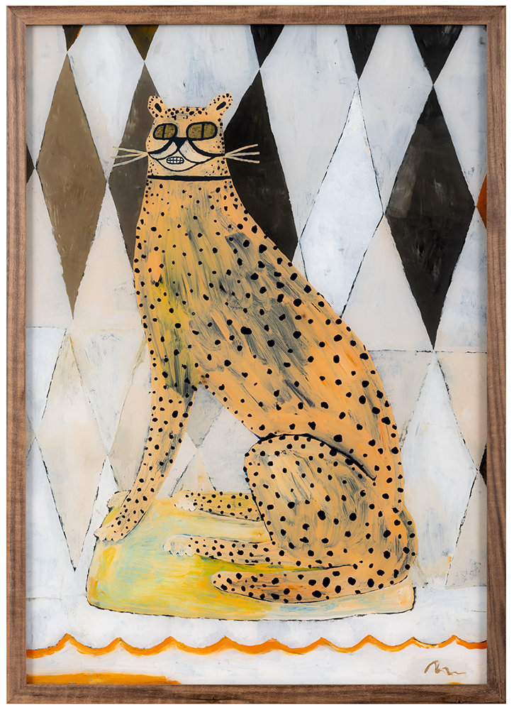 This limited edition artwork is a stylized screenprint portraying a cheetah adorned with distinctive black spots, gracefully lounging on a vibrant yellow platform. The backdrop presents an eye-catching pattern of black, white, and gray diamonds. Encased in a wooden frame, this piece brings an elegant flair to any space, whether in Hackney or beyond.