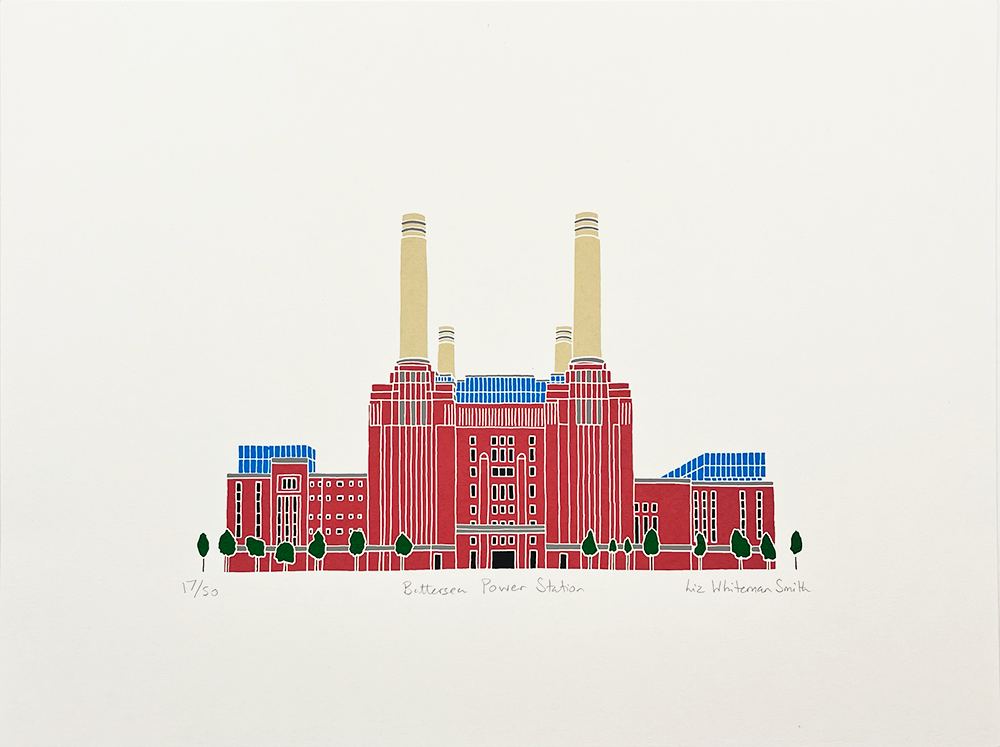 This captivating piece of art, titled "Battersea Power Station" by Liz Whiteman Smith, artistically portrays the famous landmark with a striking stylization. The composition features a vivid red building, accompanied by two imposing beige chimneys that stretch skyward. The structure is enhanced with subtle blue accents on the roof, while vibrant greenery wraps around the scene, providing a natural contrast to the industrial motif. Each print of this artwork is personally signed and numbered by the artist, adding a unique touch to this remarkable depiction.