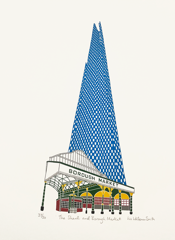 An artwork titled "The Shard and Borough Market" portrays a stylized rendition of the iconic London landmark, The Shard, adorned with a distinctive blue checkered pattern. It towers majestically in the background behind the famous entrance of Borough Market. The prominently featured name "Borough Market" captures the vibrant spirit and essence of this bustling area. This piece is edition number 37 out of a limited series of 50.