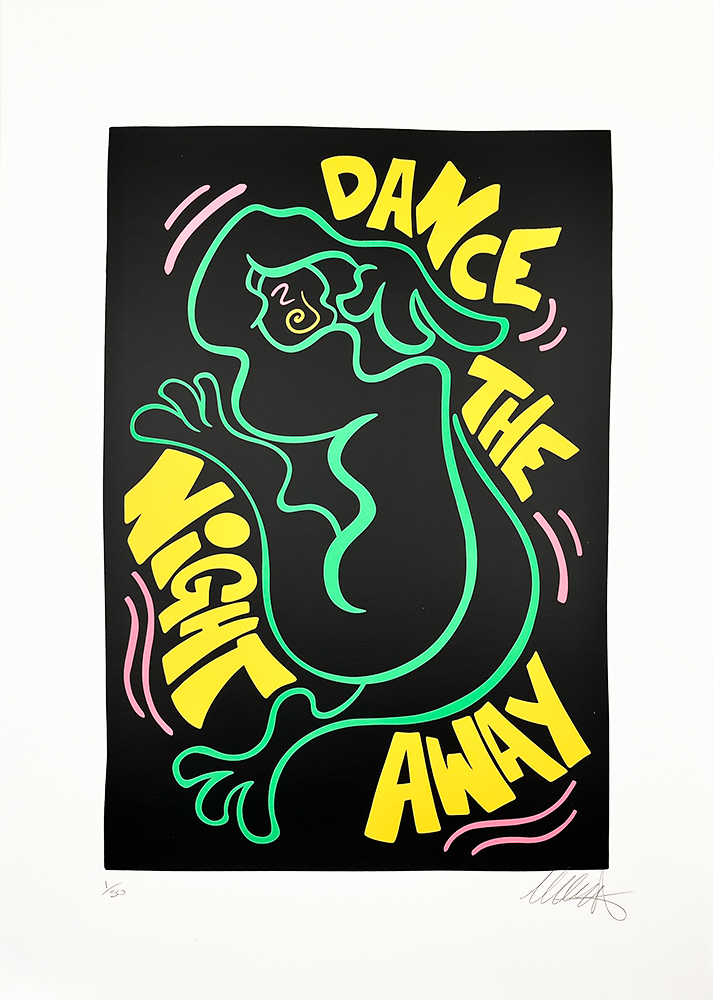 This captivating abstract artwork, titled "Dance The Night Away," features bold yellow typography set against a stark black backdrop. The composition is animated by dynamic green and pink curvy lines and shapes that evoke the essence of a dancing figure, creating a vibrant sense of movement and rhythm.