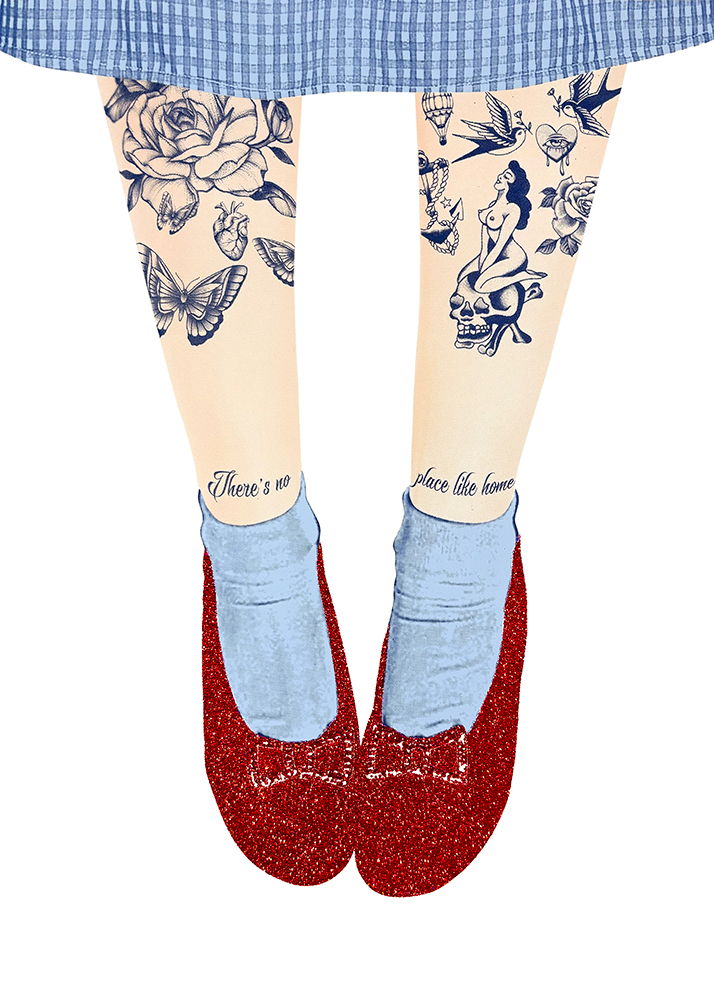 Wearing a blue checkered dress that evokes Dorothy, a person dons knee-high socks featuring tattoo designs of flowers, butterflies, and a pin-up girl. These socks, adorned with the phrase "There's no place like home," are perfectly complemented by glittery red shoes that call to mind the enchanting story of Dorothy - Third Edition.