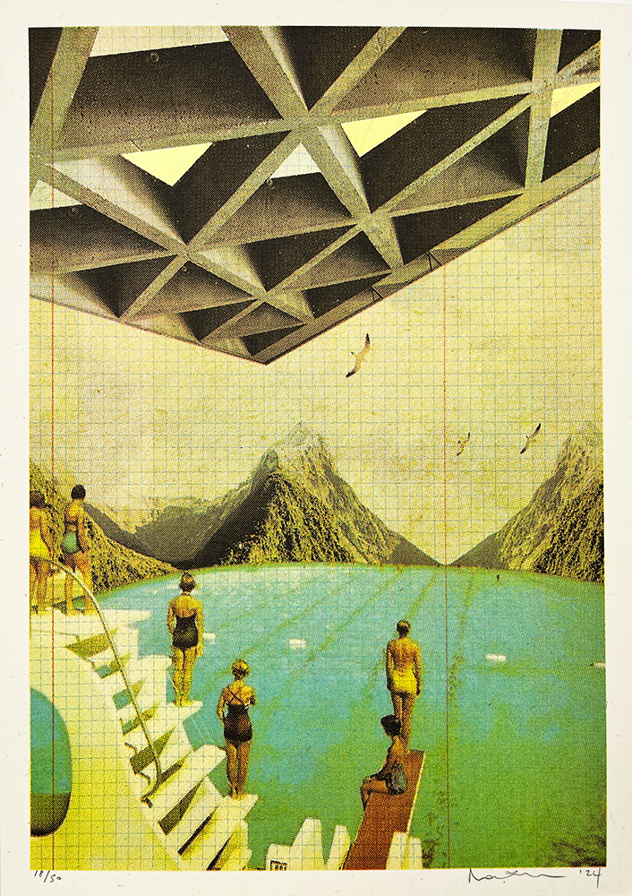 A dreamlike artwork titled *Utopian Swim - Mini Edition* captures an imaginative scene where individuals ascend a zigzag staircase toward a serene turquoise lake. In the backdrop, majestic mountains soar skyward, while an intricate geometric structure hovers above. Birds gracefully cross the vast sky, adding to the enchantment of this artistic masterpiece.