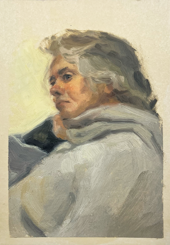 This artwork, a striking portrait titled "Woman Thinking," captures the essence of introspection through its depiction of a woman with snow-white hair and a contemplative demeanor. Her thoughtful gaze drifts to the side as she rests her head softly upon her hand, suggesting deep reflection. The background is an elegant tapestry of subtly blended neutral tones, enhancing the serene and meditative atmosphere that envelops the piece.