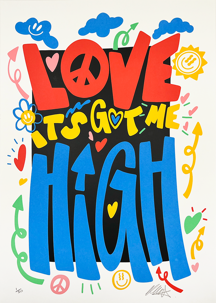 This captivating piece, titled "Higher Love," serves as a vibrant testament to the artist's exceptional craftsmanship and creative vision. The bold typography of the central phrase commands attention, drawing viewers into an enchanting tapestry of whimsical doodles that dance around it. The artist masterfully employs lively shades of red, yellow, blue, and green to bring vitality to each element—be they hearts, peace signs, flowers, clouds, or arrows—infusing the composition with a spirited harmony. Each stroke and color choice reflects an exuberant joie de vivre while encapsulating universal symbols of love and unity. This artwork not only dazzles the eye but also resonates deeply with its joyous celebration of life's most uplifting sentiments.