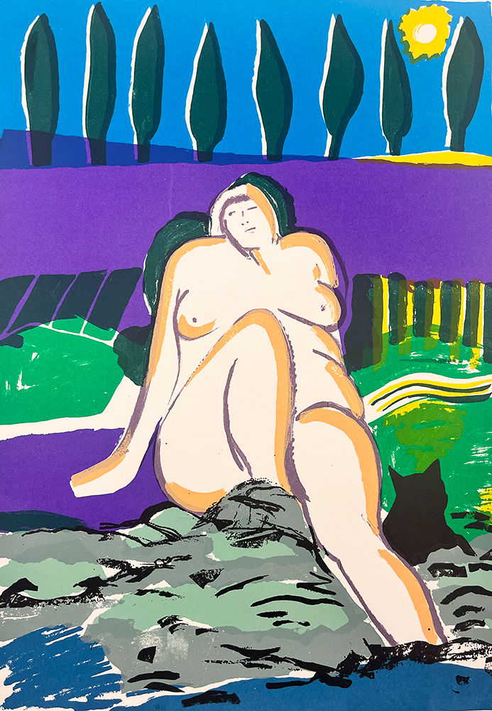 Screen printed artwork of a female nude sitting on the side of a river with a landscape in the background