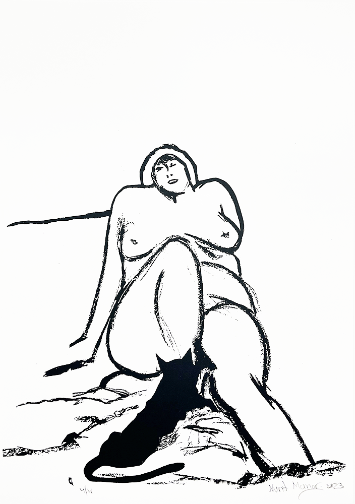 Charcoal life drawing of a character called Miss D a lady expressed through flowing black lines, sat with a black cat nestled into the sheets below her