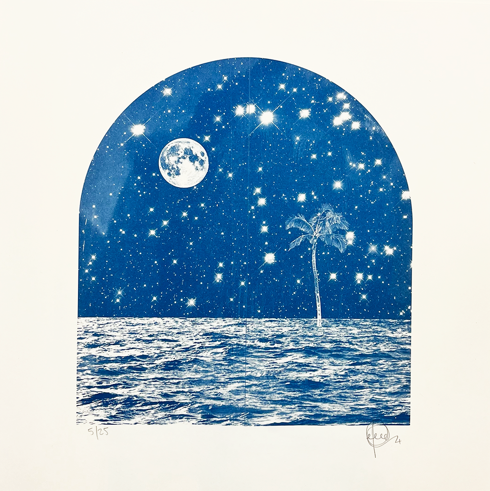 The artwork "Midnight Palm" evokes a sense of surreal beauty, presenting an arched perspective of a star-studded midnight sky stretching endlessly over a tranquil ocean. A full moon casts its luminous glow across the scene, while a solitary palm tree gracefully rises from the water's depths. The piece captivates with its dreamlike and celestial essence, rendered in soothing blue tones.