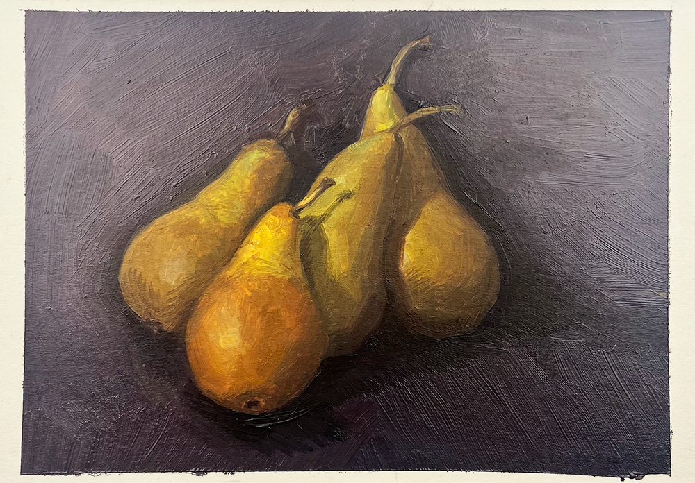 In this captivating oil painting, four yellow pears are elegantly arranged against a richly textured, dark background alongside a delicate white shell. The artist's masterful use of vibrant colors and intricate details beautifully captures the natural light as it dances over the smooth surfaces. This illumination enhances the bright allure of the fruit while also highlighting the gentle luminescence of the shell, creating a harmonious and visually striking composition.