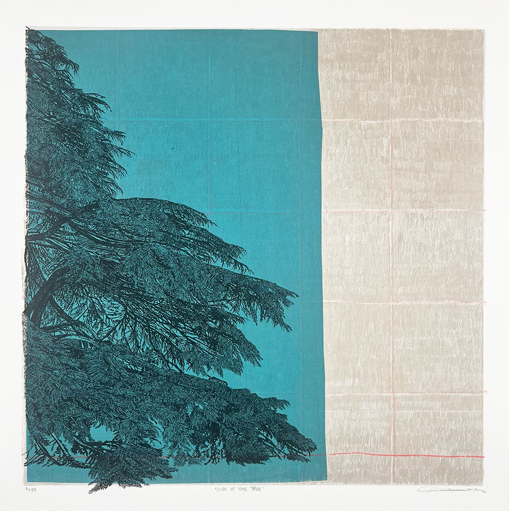 The Side of the Tree" is an exquisite piece that captures the serene grace of nature through art. On the left, delicate silhouettes of tree branches unfold against a soothing teal background, evoking a sense of calm and tranquility. To the right, a textured beige segment provides contrast with its earthy tones. A slender vertical line elegantly separates these two elements, creating a harmonious fusion between natural imagery and abstract design.