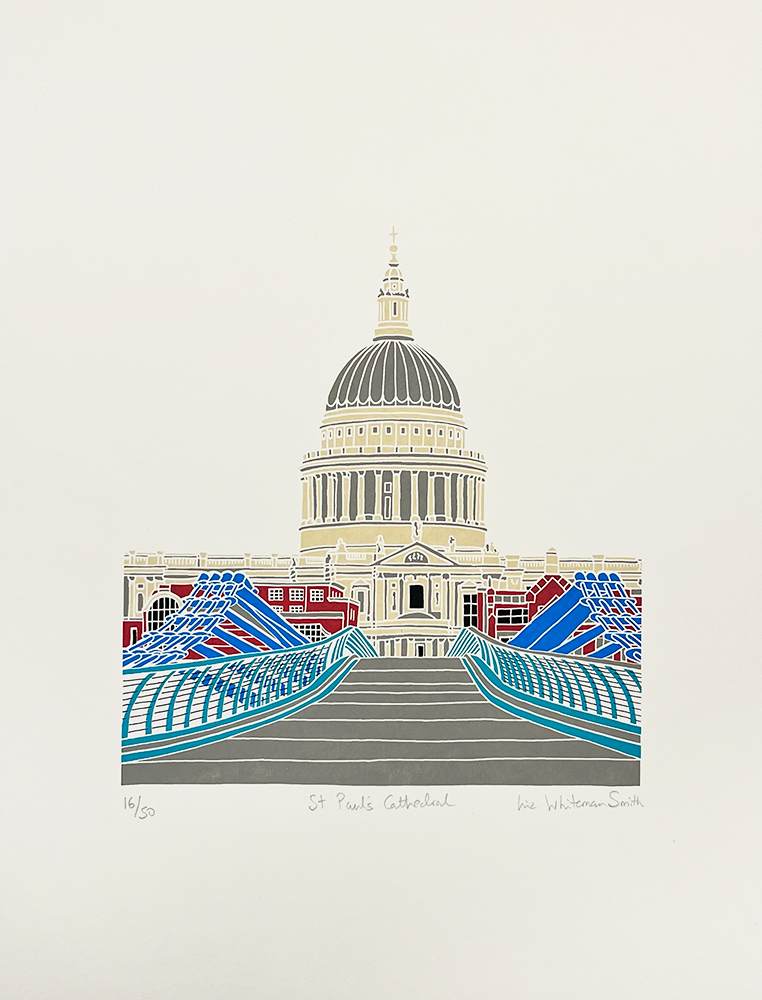 This captivating piece, named "St Paul's Cathedral," showcases a vibrant depiction of the renowned St. Paul's Cathedral, complemented by the graceful presence of the Millennium Bridge in the foreground. The artwork is distinguished by its vivid and bold use of lines and patterns, rendered in striking shades of blue, red, and gray. At the bottom, it bears a signature along with its edition marking as "16/50.