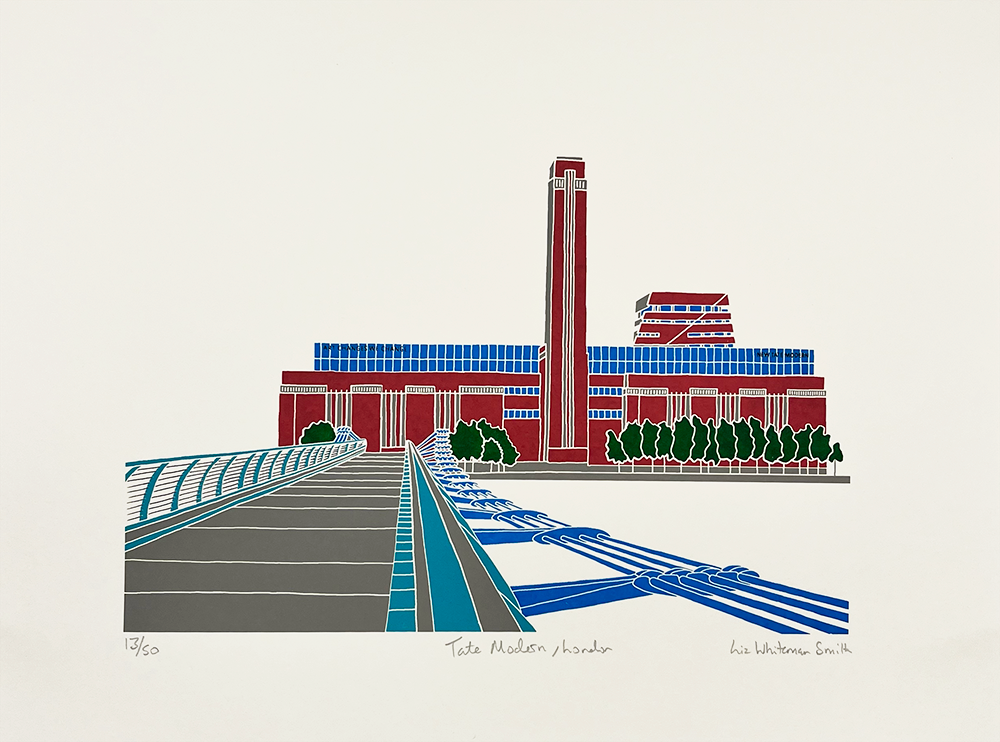 This art illustration captures the iconic Tate Modern in London, with its striking red brick facade and blue windows. The Millennium Bridge gracefully extends from the bottom left corner, creating a visual pathway that leads to this architectural marvel. Small clusters of green trees surround the scene, adding a touch of nature to the urban landscape and enhancing the allure of this celebrated landmark.