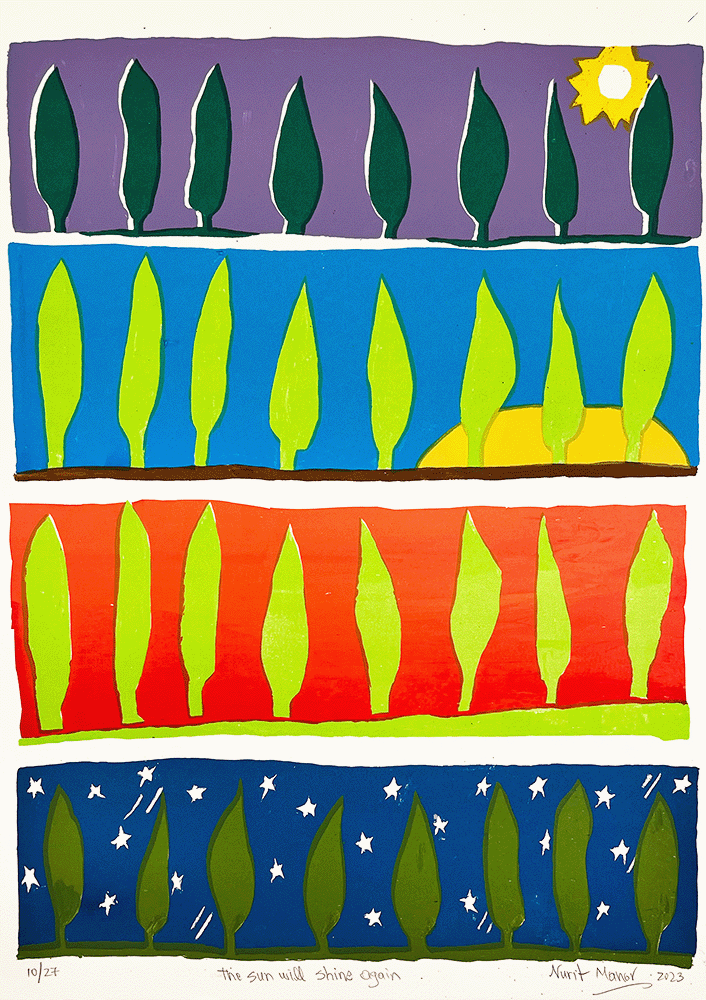 4 lines of pointed, pair shaped trees. Top line are dark green surrounded by purple sky and a popping yellow sun, the second line has a blue sky and lime green trees, the third has the same line green and a gradient orange sky and the final is a night sky full of stars in a dark blue, with moody green trees.