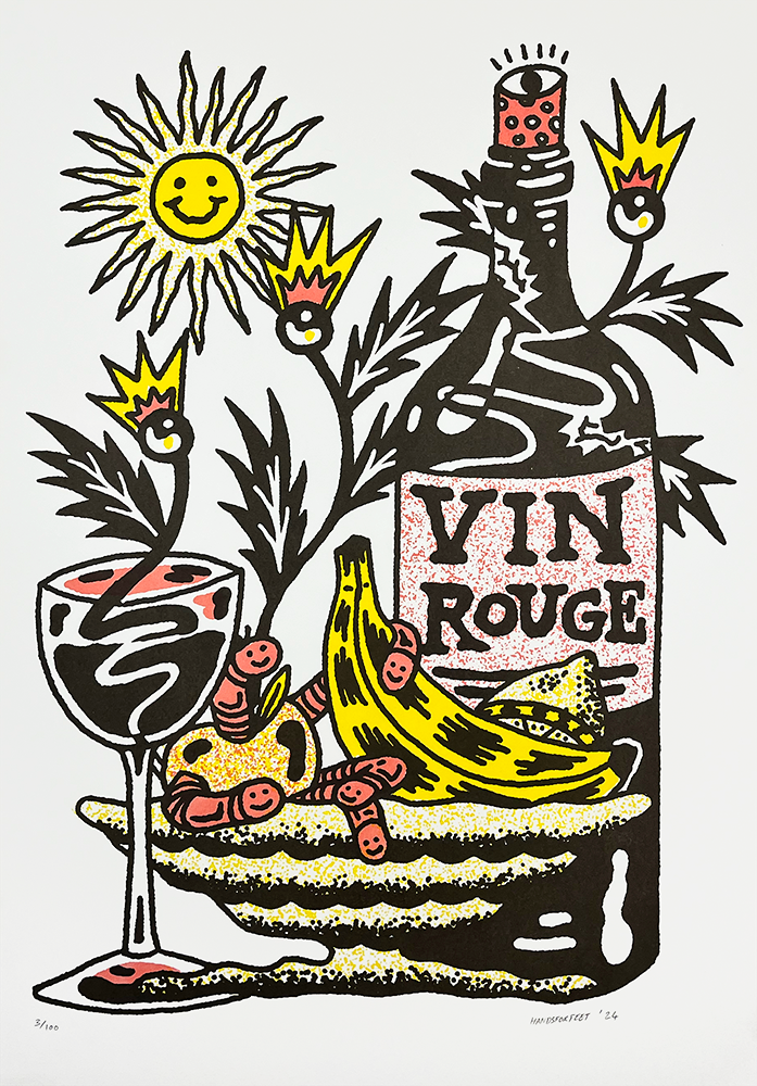 In a whimsical artistic portrayal, a "Vin Rouge" wine bottle stands elegantly beside a glass filled with rich red wine. Accompanying this duo are a ripe banana and a rustic loaf of bread, each rendered with vibrant detail. Encircling these central elements is an array of playful motifs: a sun beaming with joy, stars twinkling mischievously, and flowers donning cheerful expressions. The bold, cartoon-like style of the illustration imbues it with energy and charm, inviting viewers into its delightful world.