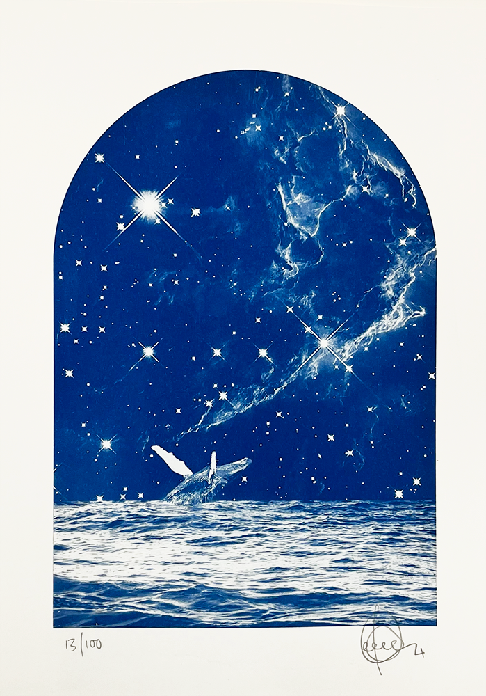 This artwork presents a mesmerizing scene where a whale's tail gracefully emerges from the ocean, set against a cosmic midnight backdrop. The composition is framed within an arched window silhouette, offering a glimpse into the universe with its swirling galaxies and vibrant stars. Titled "Midnight Palm," this piece is the 13th installment in a limited series of 100, distinguished by the artist's signature at the bottom.