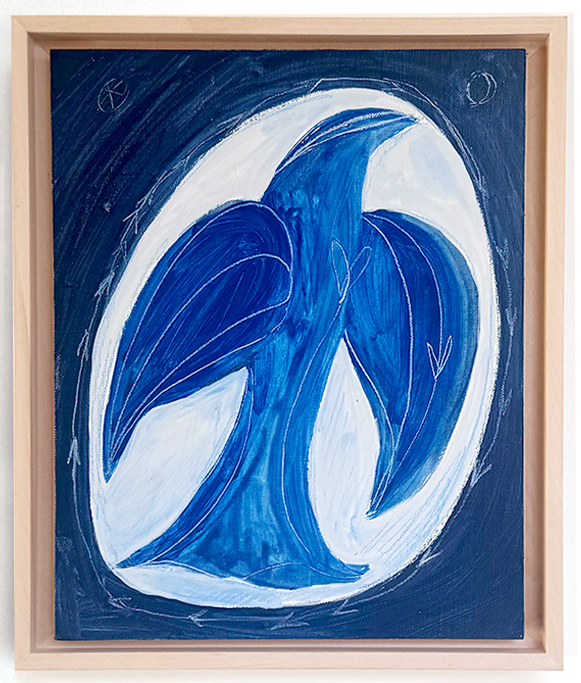 The artwork titled "Against the Moon I" presents an exquisitely stylized blue bird, captured mid-flight with its wings gracefully extended. This image is encased within an oval form, suspended against a deep, mysterious background accented with delicate circular and arrow-like motifs that add depth and intrigue. The entire composition is beautifully enclosed in a light wooden frame, enhancing the piece's ethereal charm and offering a visual feast for art enthusiasts.