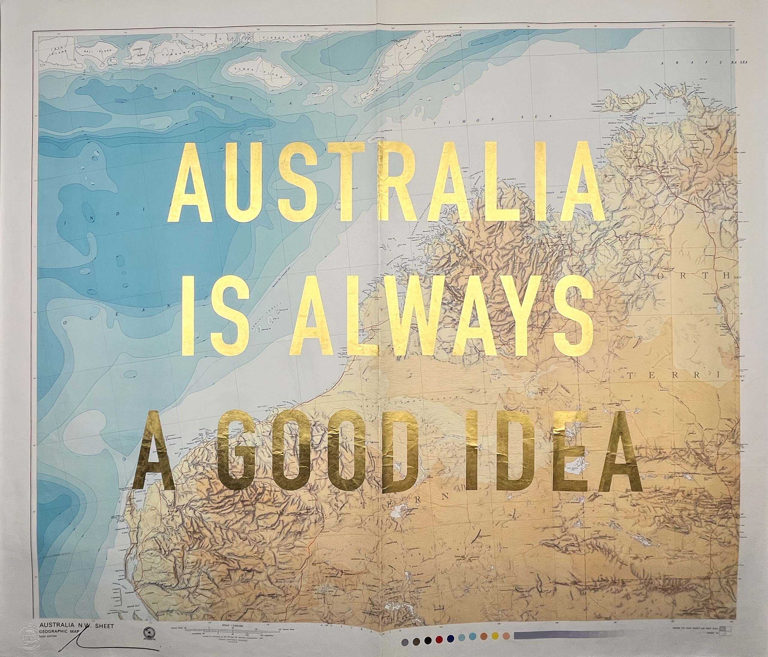 'Australis is Always a Good Idea' Gold Leaf collection.  Available from Print Club London! Dave Buonaguidi has sourced a vintage maps of Australia  This piece has been created by printing a layer of glue on to the maps and then hand finishing with gold leaf. This is a varied edition as each map is unique, some have rips or tears in the map as part of their added charm. Click on the drop down menu to select a specific map.