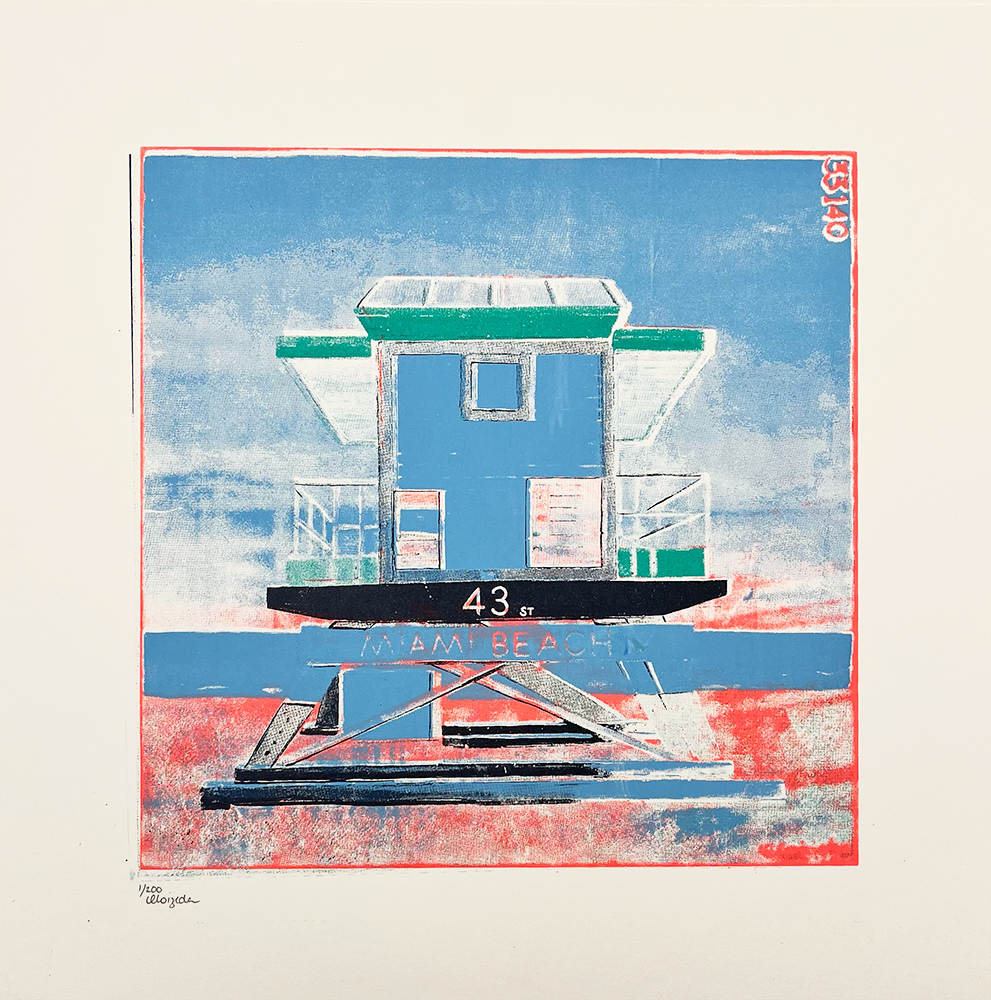 This limited edition screenprint presents an artistic interpretation of a Miami Beach lifeguard stand, numbered "43." The artwork bursts with vibrant hues of blue, red, and green, capturing the lively essence of the location. The piece includes the text "Miami Beach" and exudes a retro flair through its bold geometric shapes, offering a visually striking fusion of color and form that celebrates the iconic coastal scene.