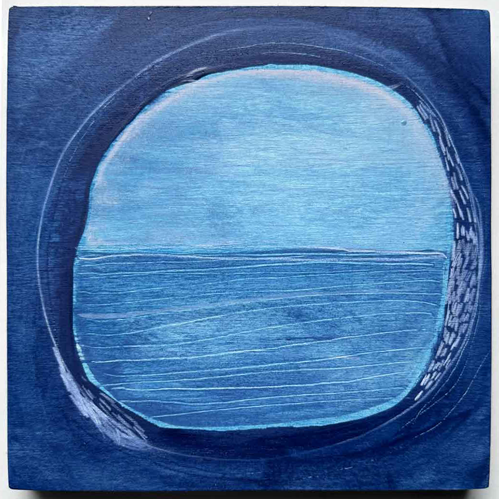 The "Calm before the Storm" artwork is a visual symphony, featuring a circular composition bisected by a horizontal line reminiscent of the horizon. This piece captures the serene essence of an ocean through its diverse shades of blue, crafting a tranquil scene that embodies peace and quietude. The textured lines throughout suggest subtle waves, adding depth and movement to this portrayal of stillness before nature's impending tempest.