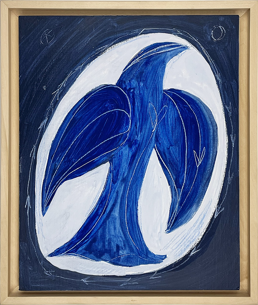 Against the Moon I" features a stylised blue bird with outstretched wings, outlined in white on a dark background, with a crescent moon and star in the corners. This piece comes framed in light wood.