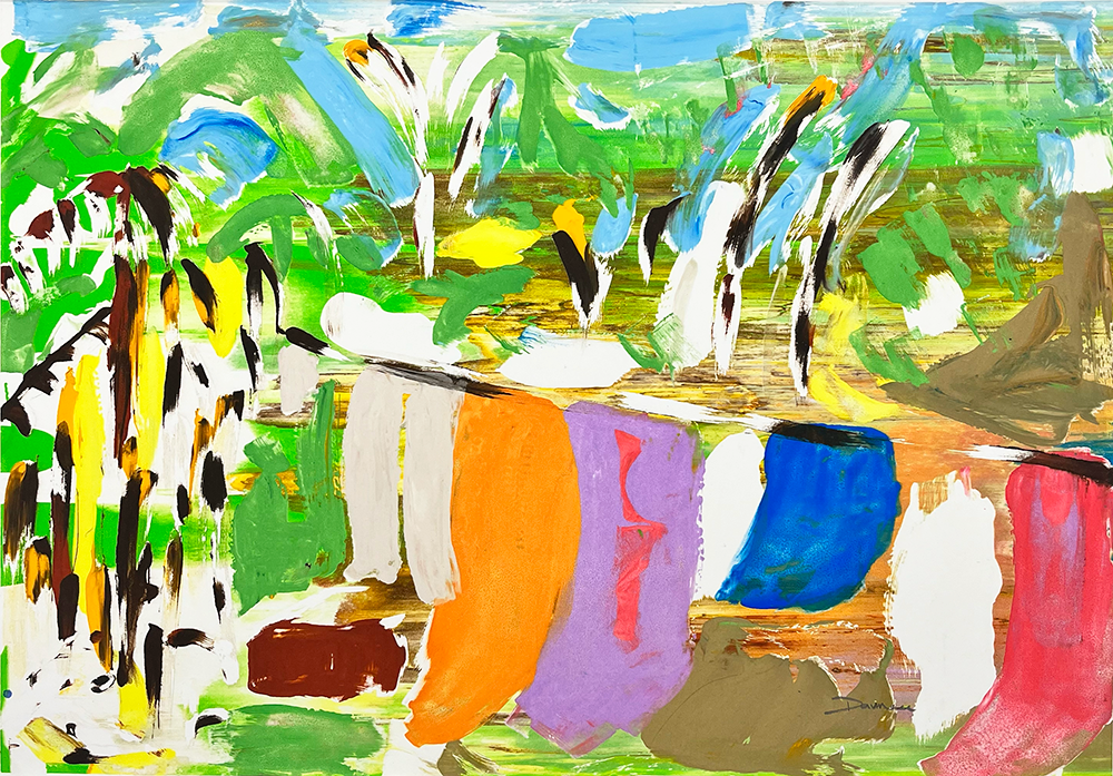 This abstract painting bursts with vibrant colors, showcasing a harmonious blend of multicolored shapes and expressive brushstrokes. Dominant green hues evoke a natural environment, while dynamic lines mimic the essence of foliage. Intriguing block-like shapes in orange, white, and blue punctuate the composition. As a limited-edition piece, it embodies the energetic spirit of creativity found in Hackney.