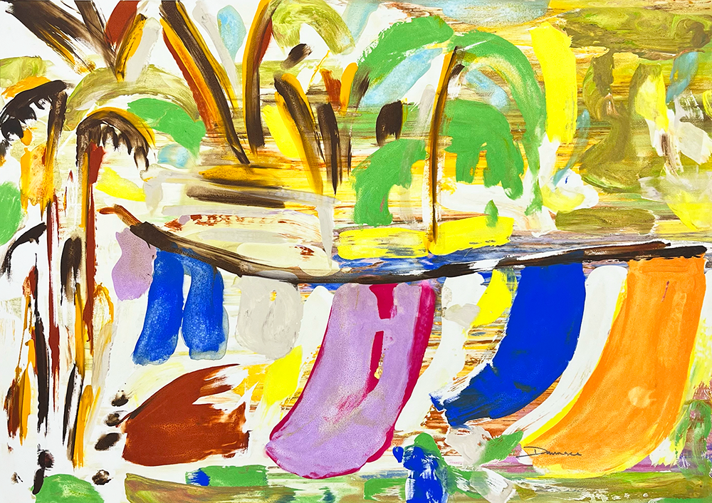 This limited edition abstract work of art, evocative of a lively Hackney morning, showcases dynamic brushstrokes with a bold palette of yellow, green, blue, and red. The composition captures the essence of movement and form, reminiscent of laundry hanging on a line against a nature-inspired backdrop. This distinctive piece is beautifully rendered in a unique screenprint.