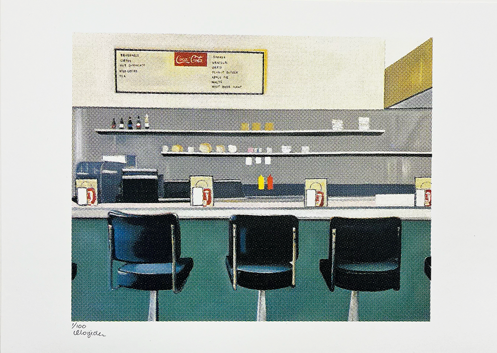 In this artistic depiction of a retro diner scene in Hackney, four unoccupied black barstools line up neatly at the counter, inviting viewers into the past. Above, a nostalgic Coca-Cola menu adds charm to the composition, while shelves brimming with condiments and napkin dispensers offer subtle details. This piece embraces a vintage aesthetic reminiscent of a limited edition screenprint, characterized by its muted color palette and minimalist design that underscore the timeless allure of mid-century diners.