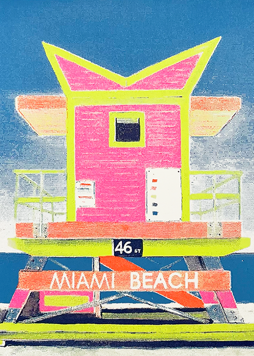 This artwork is a vivid portrayal of a Miami Beach lifeguard tower, reminiscent of the dynamic style of Print Club London. The tower stands proudly in lively pink, accented with bright splashes of green and orange. It is set against a backdrop of deep blue sky, creating an eye-catching contrast. A sign on the tower reads "46 ST Miami Beach," adding an authentic touch to this vibrant scene.