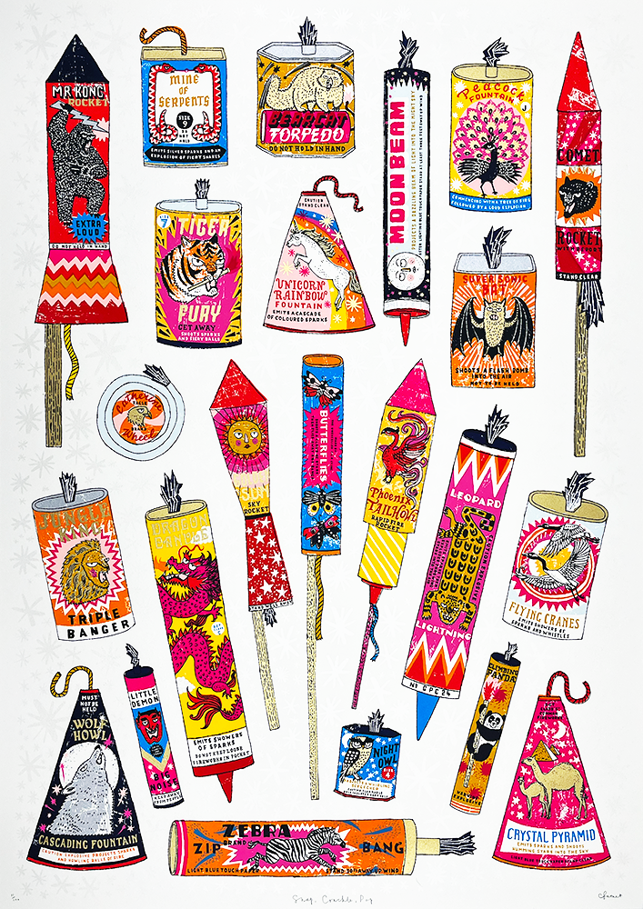 Introducing the Snap Crackle Pop collection, a dazzling array of artistic expressions embodied in colorful firework boxes and rockets. Each piece is adorned with whimsical designs, featuring an imaginative menagerie of animals such as unicorns, zebras, and elephants alongside mythical creatures. These enchanting illustrations are brought to life with vibrant patterns in reds, yellows, and oranges that promise to ignite a sense of wonder and exhilaration.