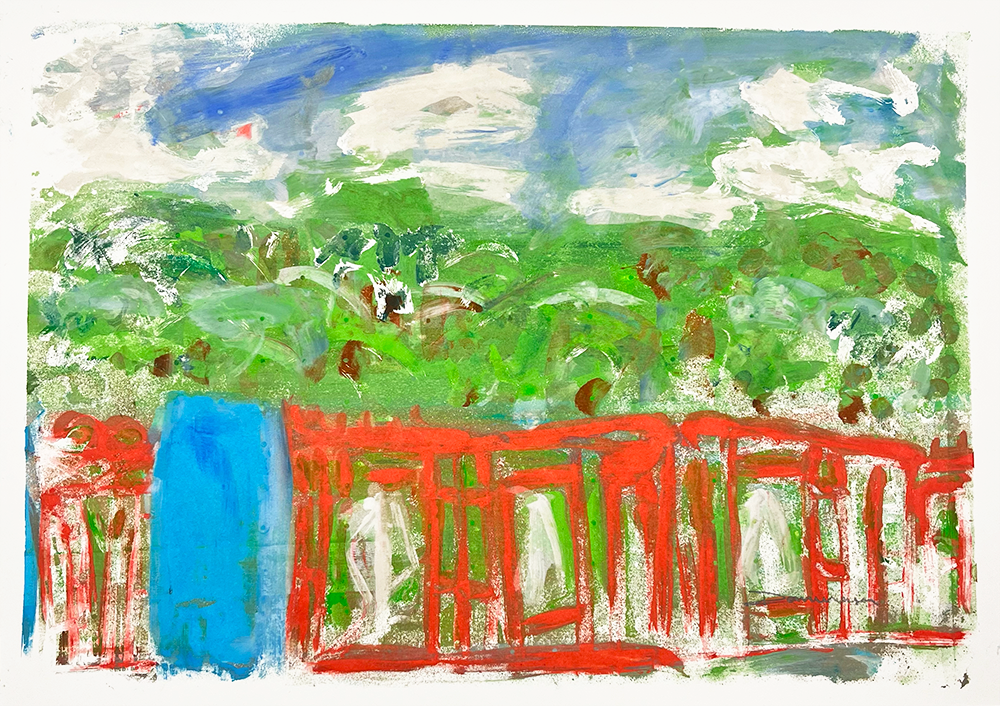 This limited edition abstract artwork evokes the essence of a verdant Hackney landscape through a vivid interplay of greens and blues. In this piece, the sky melds seamlessly with shades of white and blue, encapsulated by flourishing green foliage. Striking red horizontal brushstrokes weave across the canvas in a screenprint-like manner, suggesting the form of a fence or structure, lending depth and texture to this imaginative portrayal.