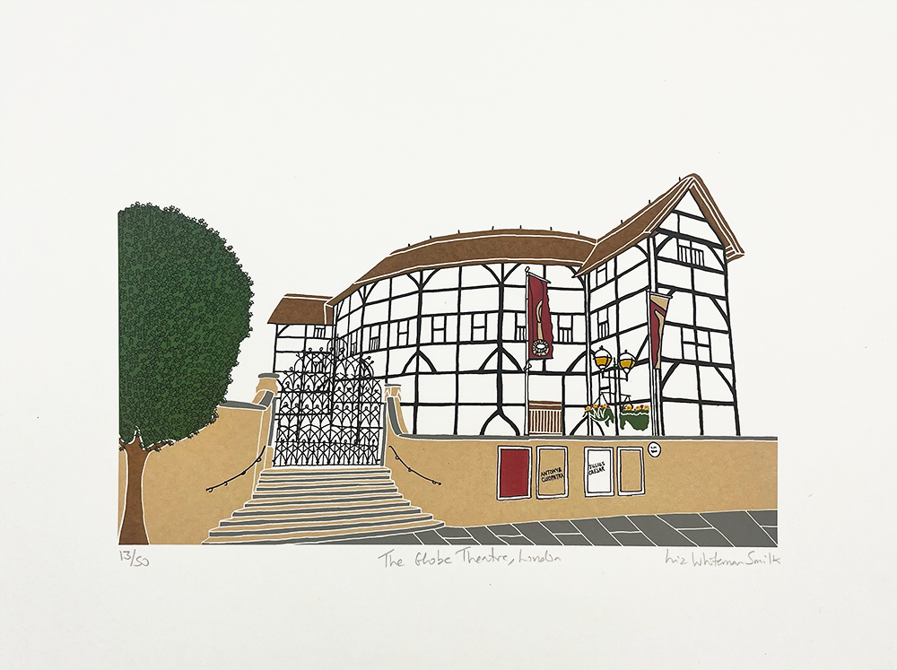 This captivating piece of art vividly portrays the iconic Shakespeare's Globe Theatre in London, making it a quintessential highlight among the city's illustrious attractions. The artwork masterfully renders the theatre's distinctive half-timbered facade, surrounded by trees that subtly frame the scene and a stairway inviting visitors toward its historic entrance. Situated just a leisurely stroll away from the dynamic pulse of The Shard and Borough Market, this illustration beautifully encapsulates both cultural heritage and urban energy.