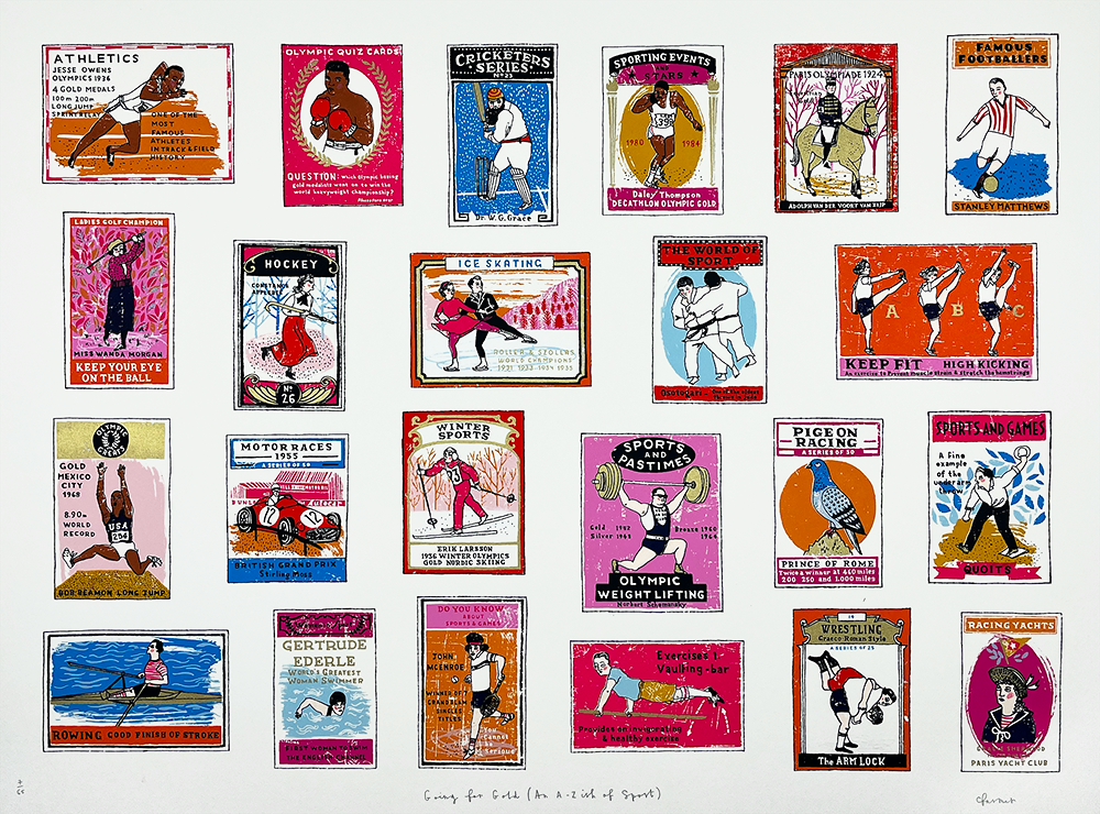 A lively artwork depicting a series of AUTO-DRAFT sports scenes intertwined with retro-style posters. Each section humorously captures activities such as cricket, fencing, and hockey, brought to life with whimsical characters and amusing captions.