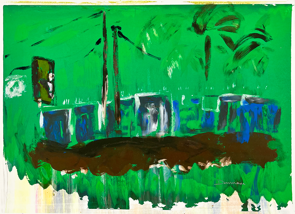 This captivating work of art, a limited edition abstract monoprint, bursts with vibrant energy. Dominated by dynamic shades of green interspersed with lively splashes of blue and white, it commands attention. Horizontally traversing the composition are bold brown strokes that create a striking contrast against the vigorous brushwork. This masterpiece, born in Hackney, captures an essence of movement and artistic vitality.