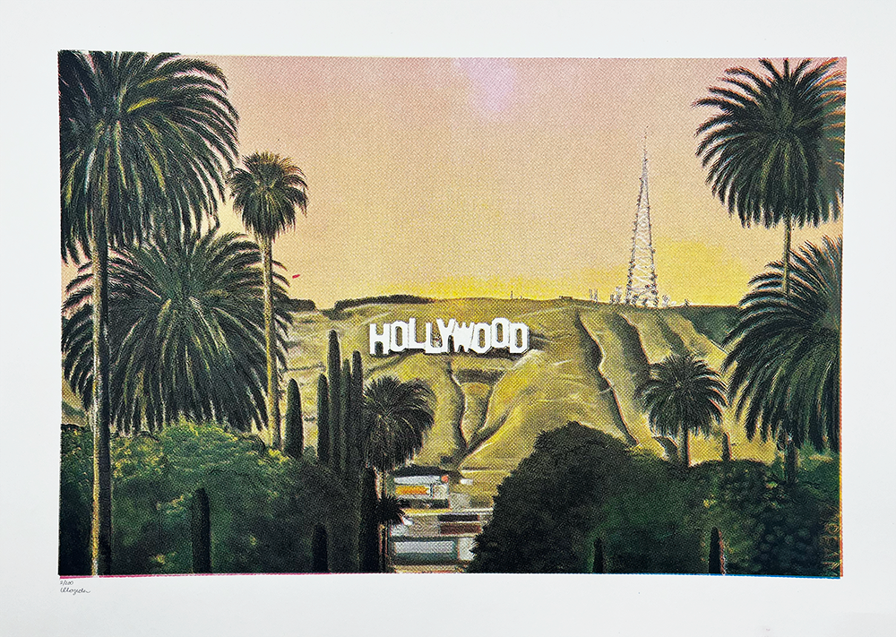 A limited edition screenprint presents a stylized interpretation of the iconic Hollywood sign perched upon a lush, grassy hill. Tall palm trees frame the scene gracefully, adding an element of natural elegance. Above, the sky unfolds in a harmonious gradient of warm hues, evoking the tranquility of sunset or sunrise over Hackney. This artwork beautifully merges iconic landmarks and serene landscapes into a single evocative image.