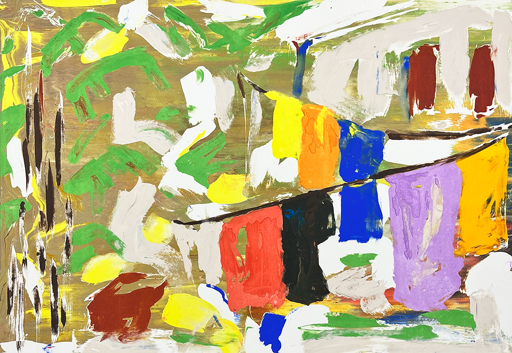 This limited edition abstract work of art, evocative of a lively Hackney morning, showcases dynamic brushstrokes with a bold palette of yellow, green, blue, and red. The composition captures the essence of movement and form, reminiscent of laundry hanging on a line against a nature-inspired backdrop. This distinctive piece is beautifully rendered in a unique screenprint.