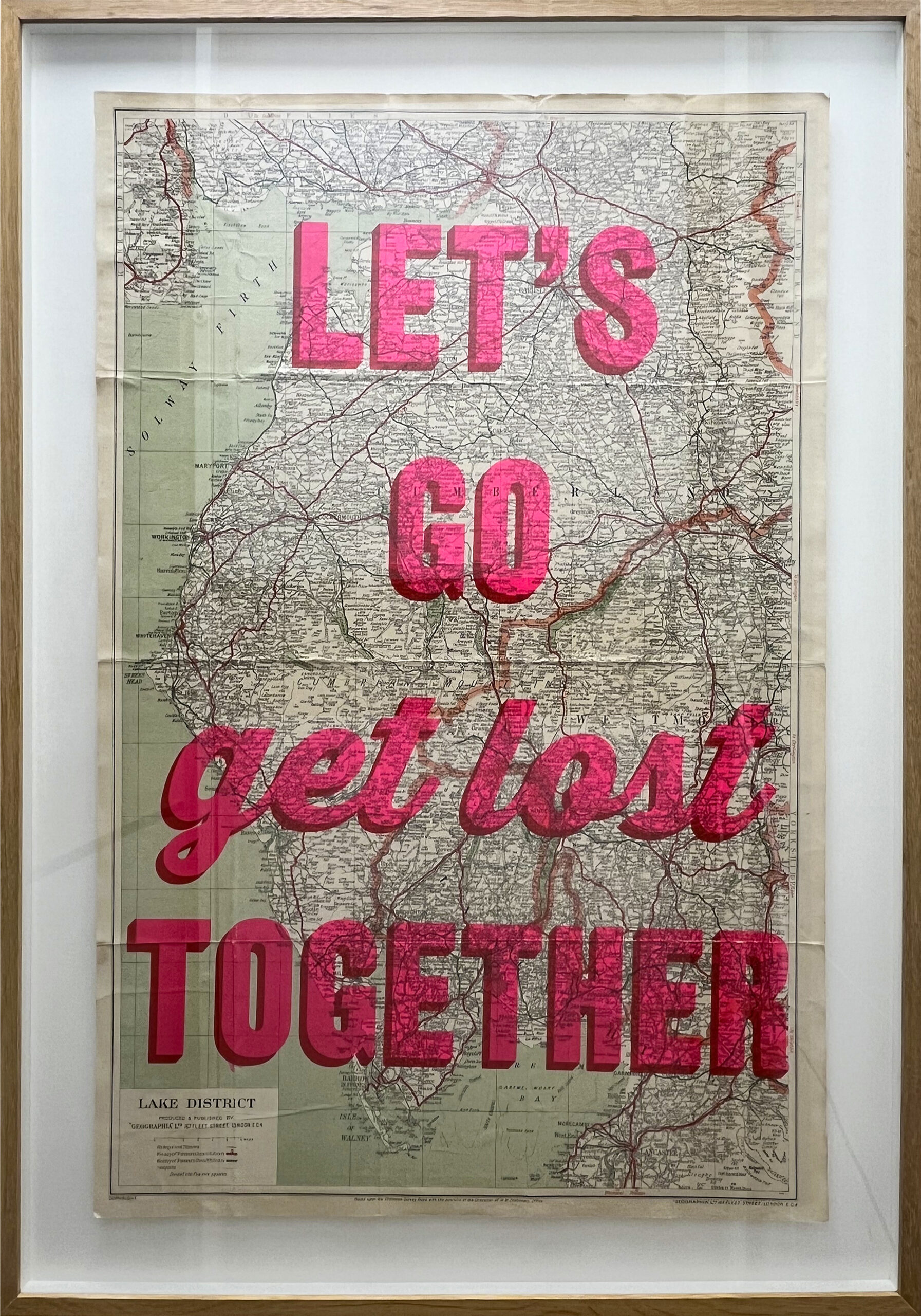 One off maps by Dave Buonaguidi- Let's Go Get Lost Together -Lake District available now to order from our Hackney Studios. Screen printed vintage one of kind maps and will occasionally have rips or tears in the map as part of their added charm. 