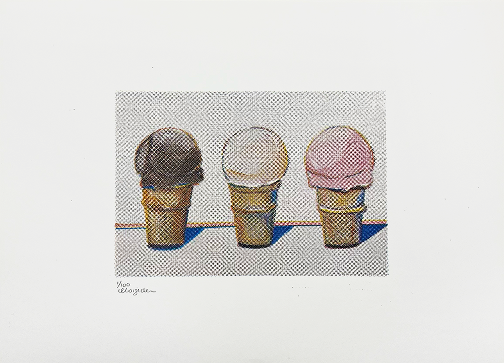 This limited edition screenprint transforms a simple drawing into an artistic exploration of three ice cream cones resting on a flat surface. The trio features scoops of chocolate, vanilla, and strawberry, expertly arranged from left to right. Against a minimalist backdrop, this piece is brought to life by the artist's signature in the bottom left corner. It embodies the lively essence of Hackney through its vivid yet understated representation.