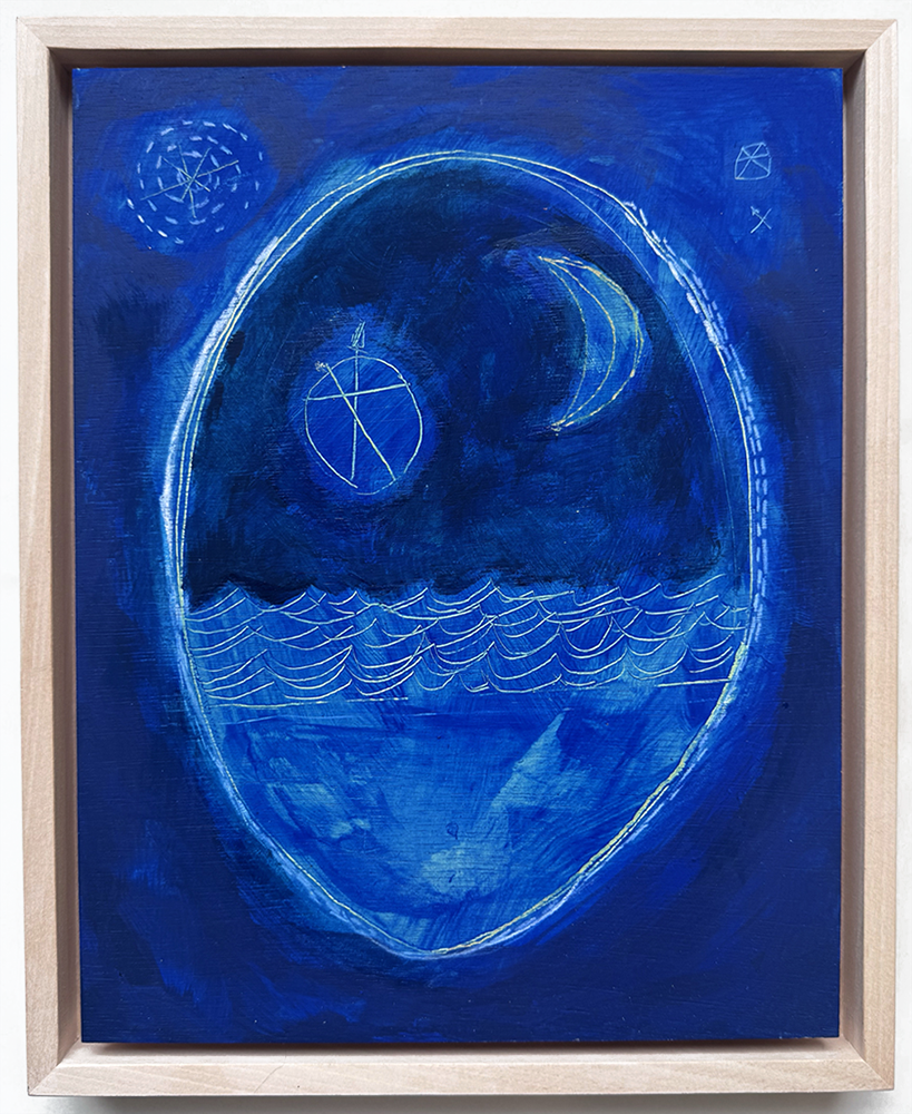 The artwork titled "It Comes in Waves" is an exquisite framed abstract piece that captures the essence of oceanic mystery. Central to the composition is an intriguing oval design adorned with a spectrum of blue hues, evoking the depth and movement of the sea. A delicate crescent moon gracefully punctuates this aquatic symphony, while gentle wavy lines emulate the rhythmic dance of tides on a serene night. Set against a dark backdrop, an array of geometric symbols and patterns subtly emerge, adding layers of enigmatic allure and inviting viewers into a contemplative exploration.