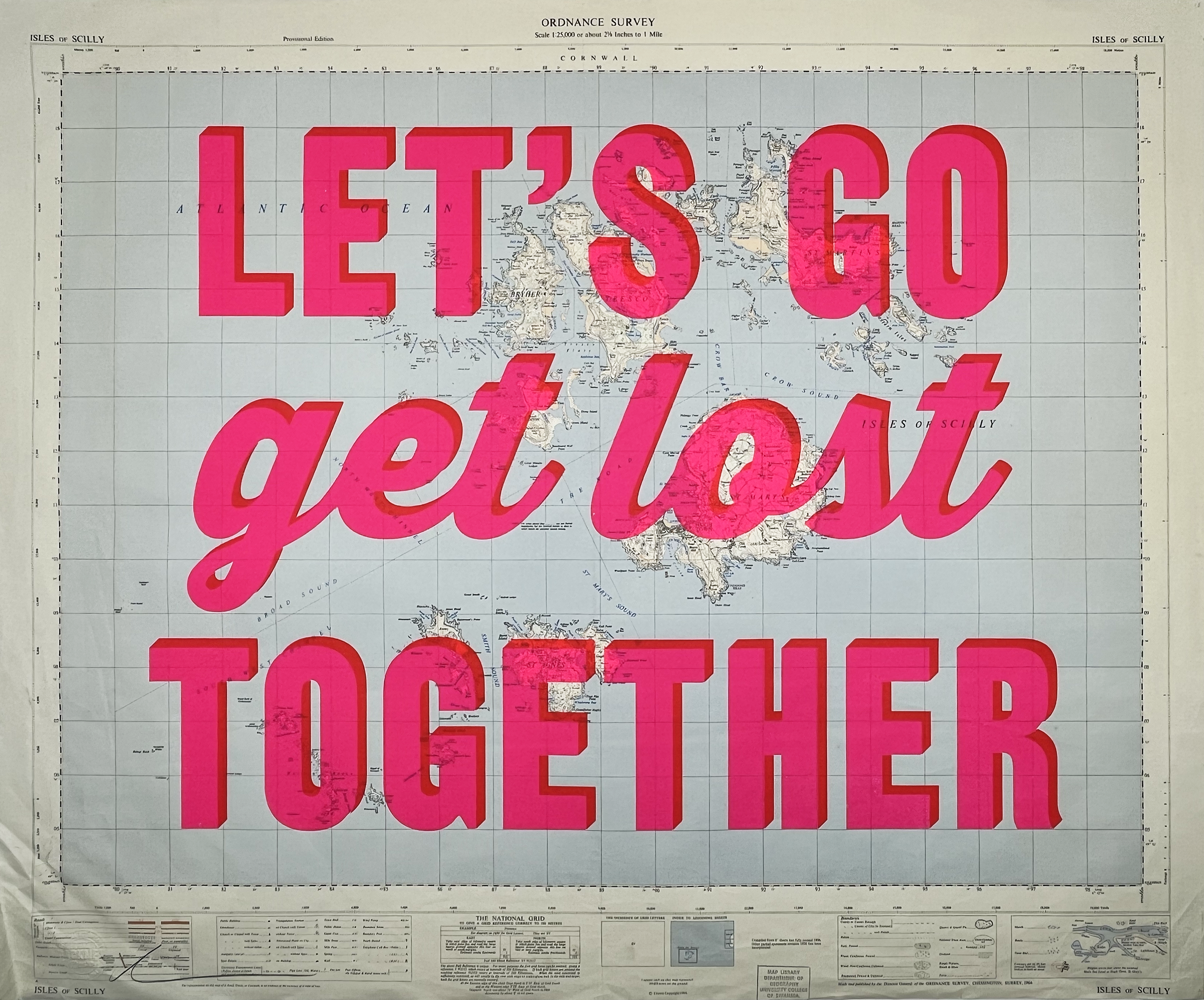 Lets Go Get Lost Together Pink: Available from Print Club London! Dave Buonaguidi has sourced a vintage map from around the globe, and screen printed his signature type directly on top. Two layer screen print using Florescent pink and red.  This is a varied edition as each map is unique and slightly varies in size. Click on the drop down menu to select a specific map. With this collection of maps we are able to provide framing with your order