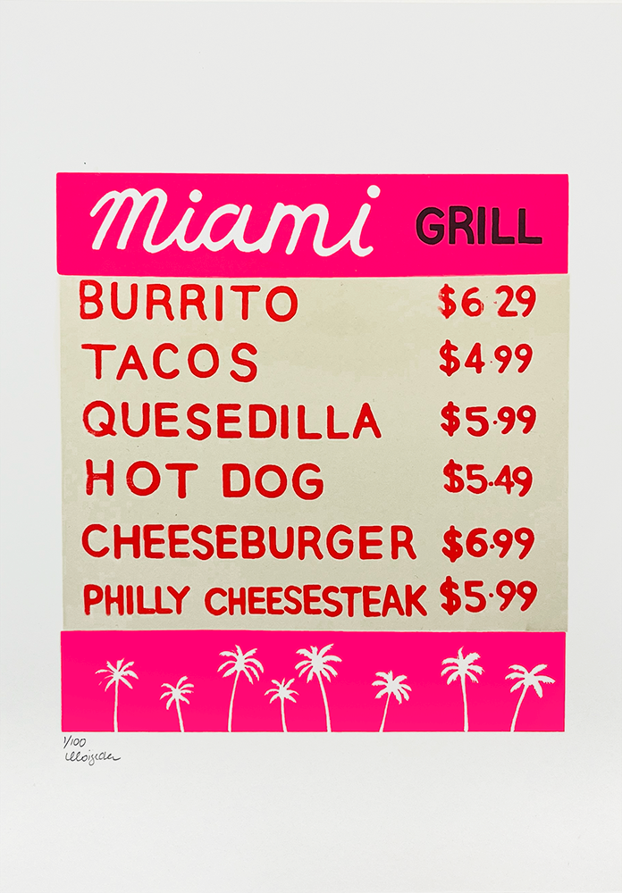 A CMYK print of a Miami Grill Menu on Mohawk Superfine 324gsm paper. Artist in Resident Emma joined us in the Print Club studios to get inky. During her residency Emma worked on translating her iconic oil paintings into fun screenprints. Emma spent a month with us perfecting her screen printing practice and produced a beautiful collection of Americana style screen prints.