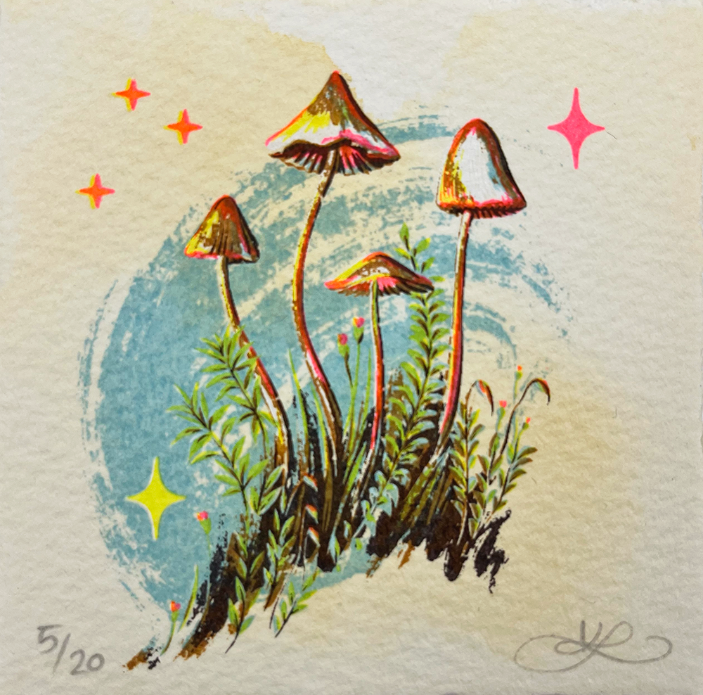 Miniature six layer screen print of dainty Mosscap mushrooms in their mossy home, hand-painted Saunders Waterford 300gsm paper.