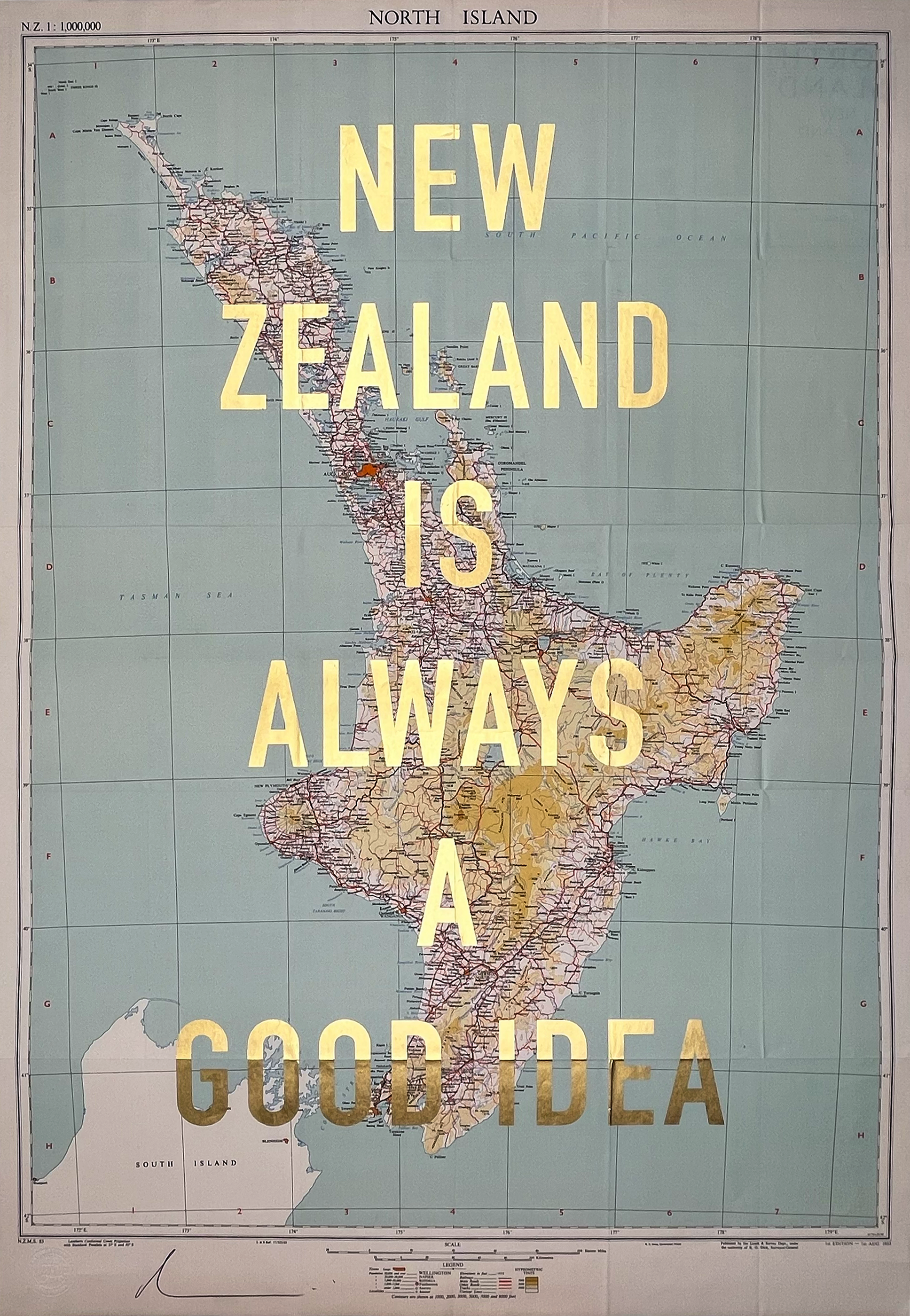 'New Zealand is Always a Good Idea' Gold Leaf collection.  Available from Print Club London! Dave Buonaguidi has sourced a vintage maps of New Zealand, North and South Island. This piece has been created by printing a layer of glue on to the maps and then hand finishing with gold leaf. This is a varied edition as each map is unique and slightly varies in size, some have rips or tears in the map as part of their added charm. Click on the drop down menu to select a specific map.