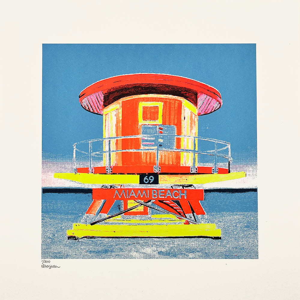 This limited edition screenprint transforms the vibrant essence of a Miami Beach lifeguard tower into a work of art, using an array of bold colors. Vivid reds, yellows, and blues come together to depict the iconic structure adorned with the number 69. The rich hues contrast beautifully against the serene backdrop of sky and sea, capturing both energy and tranquility in this stunning composition.