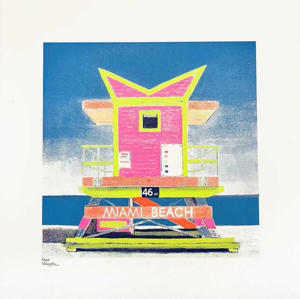 A 6 colour print of a Neon Miami Beach Hut on Mohawk Superfine 324gsm paper. Artist in Resident Emma joined us in the Print Club studios to get inky. During her residency Emma worked on translating her iconic oil paintings into fun screenprints. Emma spent a month with us perfecting her screen printing practice and produced a beautiful collection of Americana style screen prints.