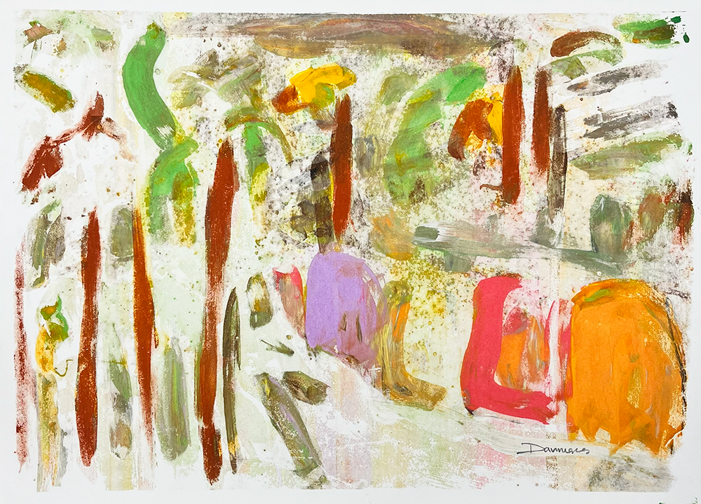 This exclusive abstract art piece captures the essence of a vivid garden with dynamic hues of green, orange, red, and purple interplaying against a textured cream backdrop. The brushstrokes suggest the lush serenity of Hackney's gardens, subtly hinting at trees and foliage.