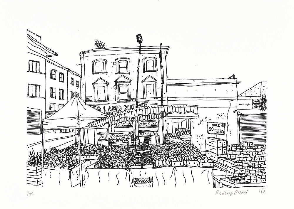 This art piece captures a lively line illustration of the bustling Ridley Road outdoor market. At its heart is a fruit and vegetable stand, sheltered under a spacious canopy, with boxes of fresh produce meticulously stacked and organized. In the backdrop, a multi-story building stands tall, its facade punctuated by windows and adorned with a prominent "SALE" sign. The scene blends urban architecture with the vibrant energy of market life.