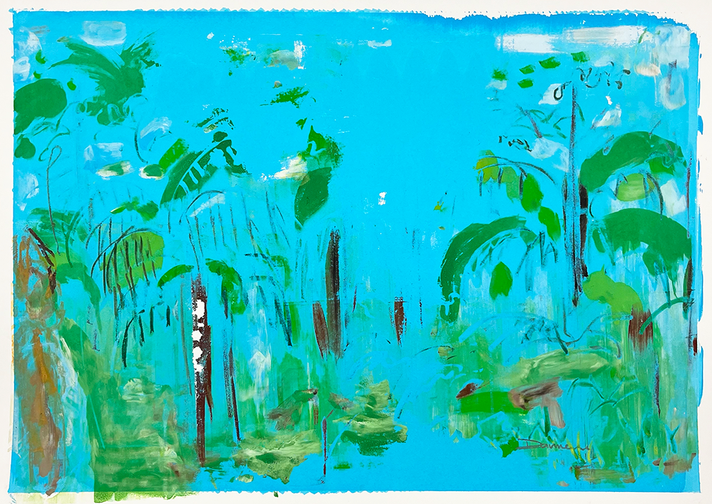 This abstract painting features a vibrant turquoise background adorned with dynamic green brushstrokes that evoke the essence of plants and foliage, reminiscent of a lush tropical landscape. The intricate composition, similar to an elaborate monoprint, showcases scattered textured elements throughout, adding depth and complexity to the artwork.