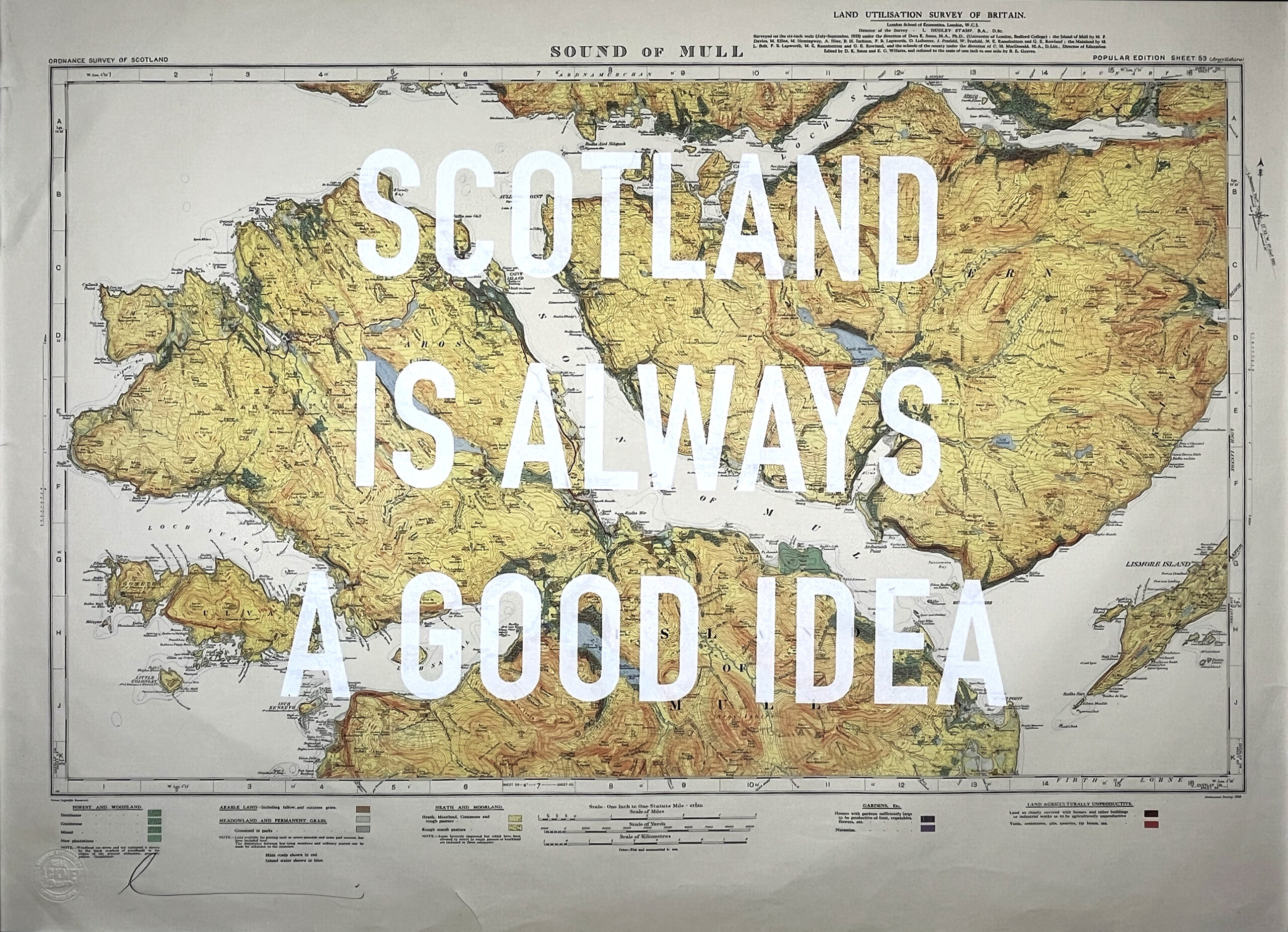 'Scotland is Always a Good Idea' regional collection.  Available from Print Club London! Dave Buonaguidi has sourced a vintage maps of Scotland.  This piece has been created by printing a layer of White ink.  This is a varied edition as each map is unique, some have rips or tears in the map as part of their added charm. Click on the drop down menu to select a specific map.